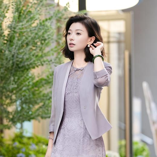 西子【迷雾玫瑰】/醋酸叶脉格绞综立体剪裁薄款气质灰紫色西装外套/WTTJ252 商品图7