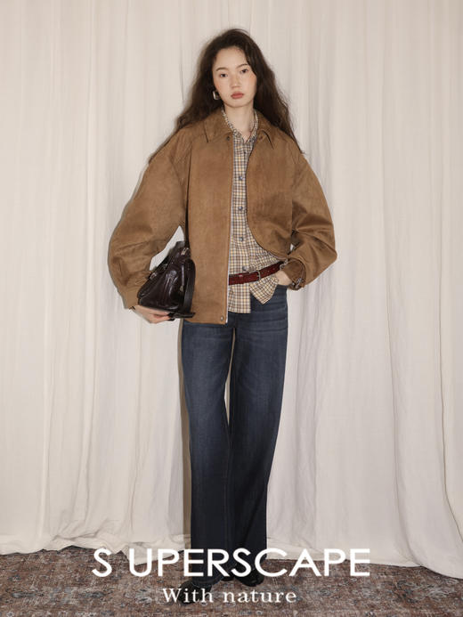 【8/25新品】素舶 麂皮绒雾面柔软高级感复古翻领廓形褶休闲夹克短外套 商品图1