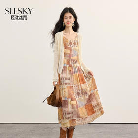 【08/19新品】熙世界波西米亚串珠吊带连衣裙女2025夏秋新款法式度假风印花长裙