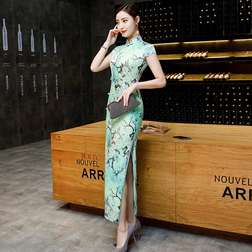 SC3759双层侧八扣短袖长款改良旗袍2025新款女走秀演出服装 商品图2