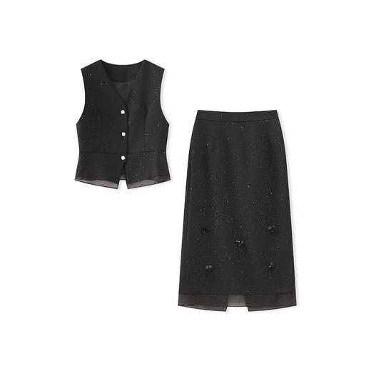 「高货wl」全新升级【铂金会员367/天猫499/差价132】(99503)洛诗琳时髦气质烫银V领马甲欧根纱拼接直筒半身裙两件套 商品图4