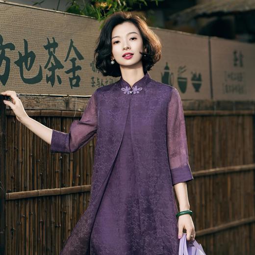 西子/青莲赋桑蚕丝改良明制提花盘扣中袖连衣裙/CQBH855 商品图6