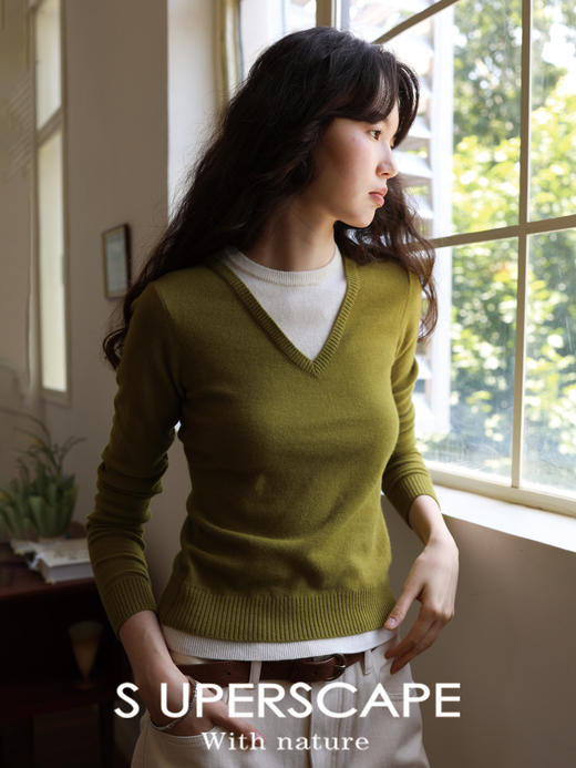 【8/25新品】素舶 100S进口澳洲美利奴羊毛柔软亲肤不扎假两件V领撞色针织衫 商品图2