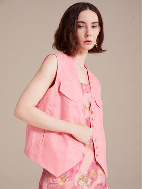 多巴胺粉色亚麻工装风马甲