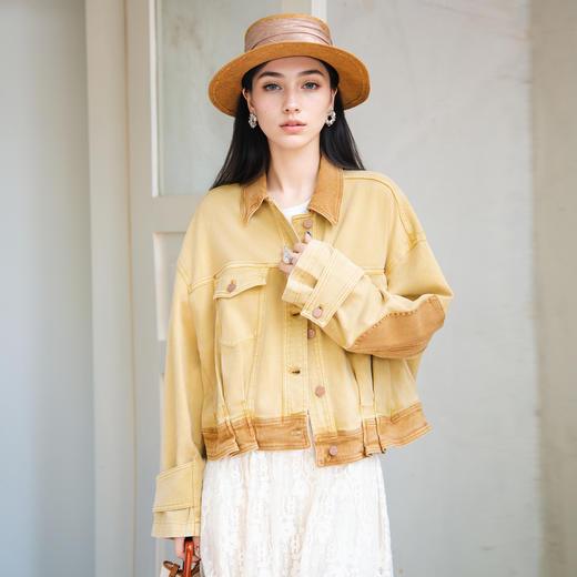 谜底短外套女2025秋新款复古风特色洗水工艺拼色牛仔服257MW7743 商品图0