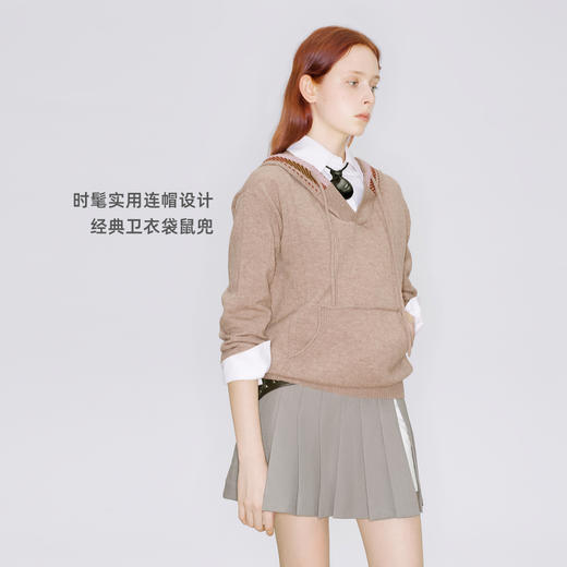 lost in echo2025早秋新款时尚撞色袋鼠兜羊毛连帽针织卫衣上衣女 商品图1