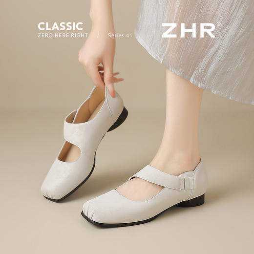 ZHR松紧交叉带玛丽珍鞋女2025夏新款方头芭蕾风粗跟乐福小皮鞋 商品图1