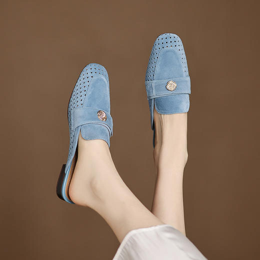 【预售5天】真皮磨砂镂空洞洞包头半拖鞋女外穿平底穆勒鞋夏季透气平底凉拖SP&X1515 商品图2