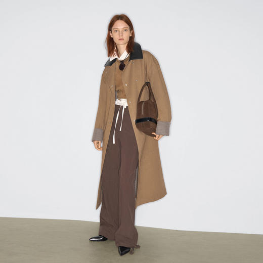 lost in echo2025早秋新款经典千鸟格皮领双排扣水洗长款风衣外套 商品图3