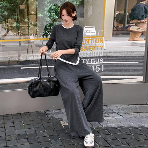 CB8595时尚休闲套装2025秋季新款女遮肉显瘦不规则上衣长裤两件套 商品图2