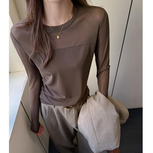 早秋新款2025新款秋冬圆领网纱拼接打底衫女内搭高级感长袖修身设计感上衣 商品图2