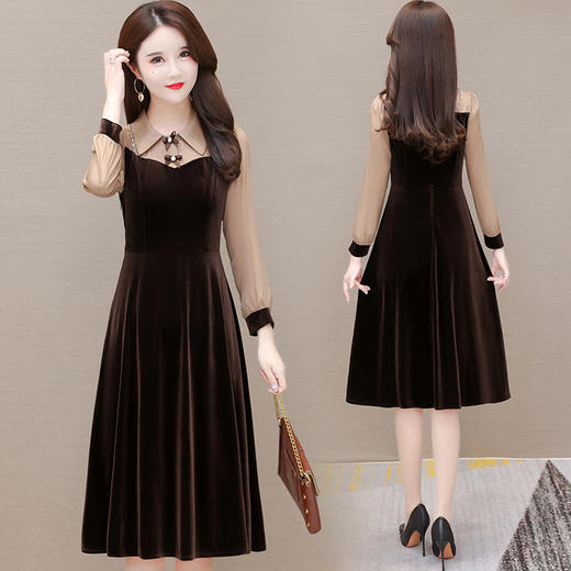 时尚金丝绒连衣裙，气质修身拼接POLO领打底裙子YW-YIYI-LZ22B11 商品图0