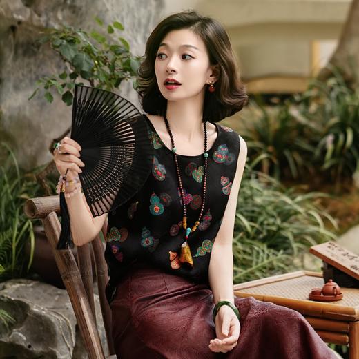 西子/【七彩葫芦】非遗红云纱重磅24姆米桑蚕丝七彩“瑞葫祥纹“印花黑色背心/DDTJ284 商品图4