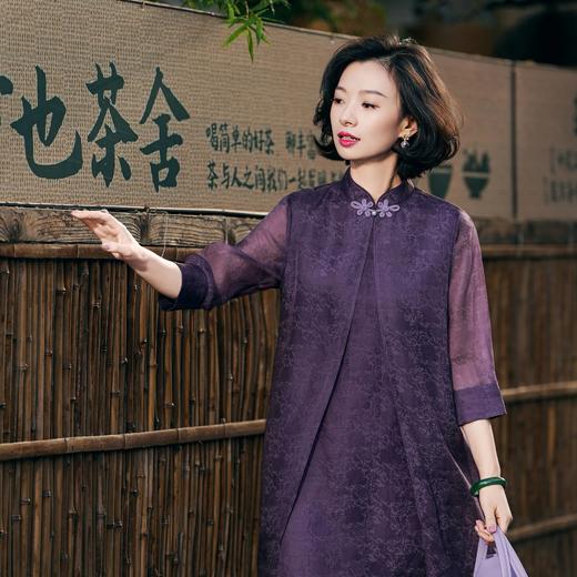 西子/青莲赋桑蚕丝改良明制提花盘扣中袖连衣裙/CQBH855 商品图7