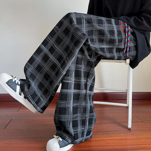 撞色慵懒风拼接条纹格子潮流嘻哈美式新款直筒休闲宽松长裤 商品图1