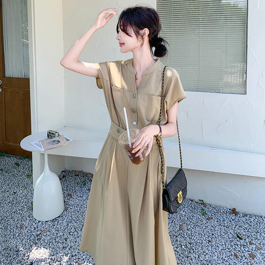 实拍卡其色设计感韩系连衣裙女夏季2025年新款轻熟风高腰过膝长裙 商品图1