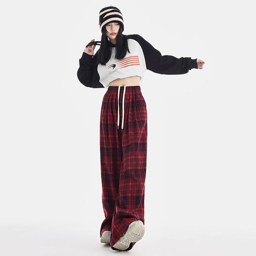 西遇格子宽松休闲裤女秋季新款红色高腰抽绳直筒阔腿裤子SS051377 商品图1