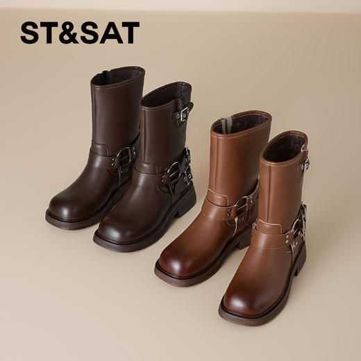 星期六复古擦色金属扣带牛仔短靴SSD3116C50 商品图1