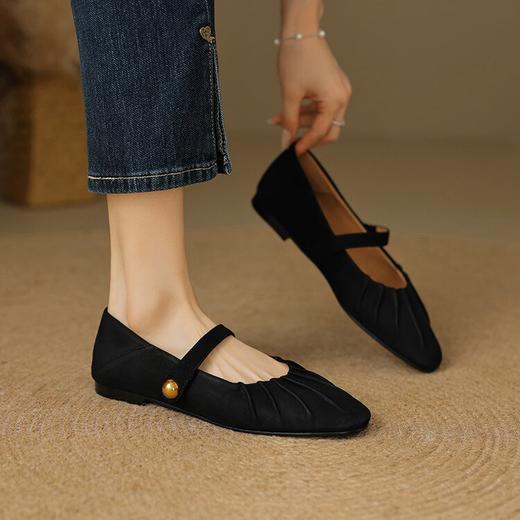 【预售5天】法式磨砂羊皮褶皱平底单鞋女圆头浅口小皮鞋一字带玛丽珍鞋OFSM&OFSM6927 商品图1