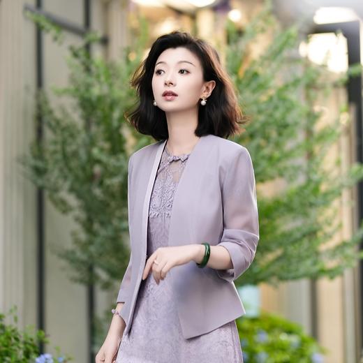 西子【迷雾玫瑰】/醋酸叶脉格绞综立体剪裁薄款气质灰紫色西装外套/WTTJ252 商品图8