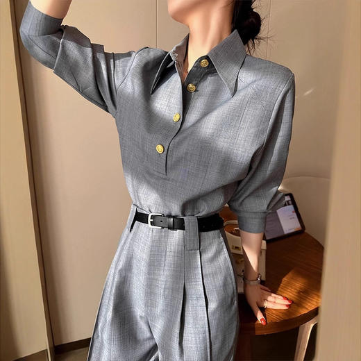 今年流行灰色老钱风polo领套头衬衫女秋季2025新百搭气质长袖上衣 商品图1