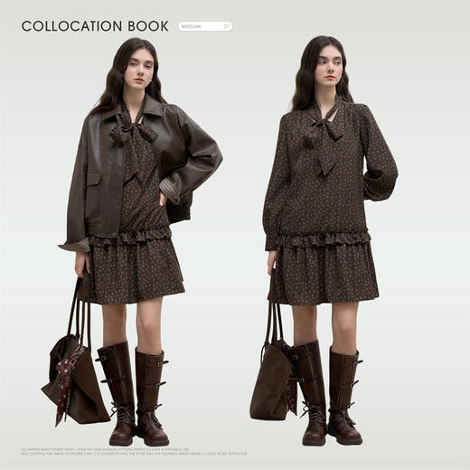 西遇美拉德法式复古碎花连衣裙女秋季蝴蝶结显瘦长袖中长裙V2851219 商品图1