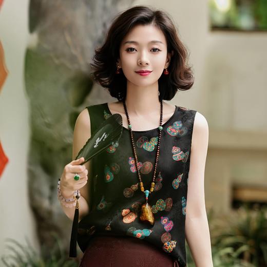 西子/【七彩葫芦】非遗红云纱重磅24姆米桑蚕丝七彩“瑞葫祥纹“印花黑色背心/DDTJ284 商品图0
