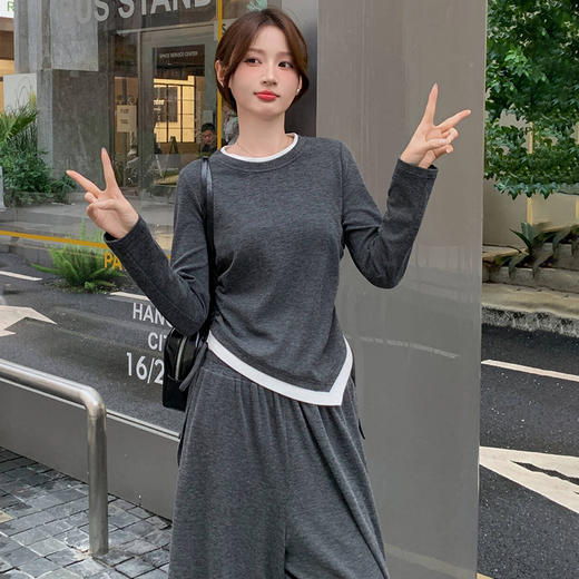 CB8595时尚休闲套装2025秋季新款女遮肉显瘦不规则上衣长裤两件套 商品图3