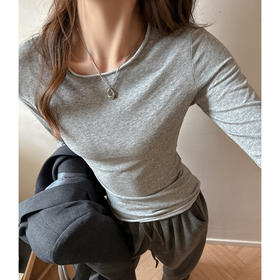 灰色美式圆领打底衫女内搭秋冬高级感正肩修身长袖t恤设计感上衣
