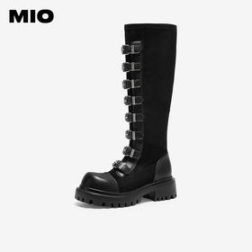 MIO米奥机车骑士靴女款西部牛仔皮扣带冬季新款高筒朋克长靴M255852105