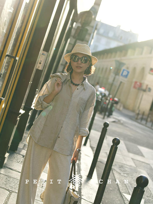 PETIT SCHAN小闪 CLO#888 Wayfarer 流浪者 纯亚麻拼接不对称设计长袖休闲衬衫 商品图0