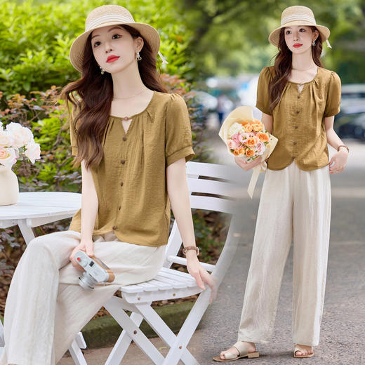 YWL1938老钱风休闲气质套装女2025夏季新款洋气减龄短袖小衫阔腿裤两件套 商品图2