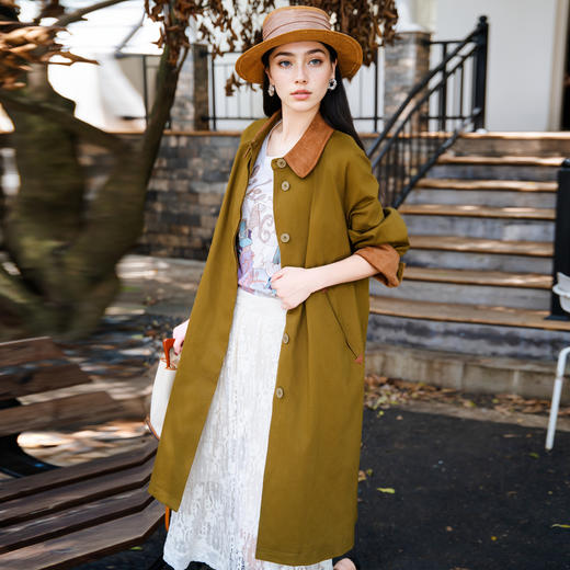 谜底大廓形风衣女士2025秋新款通勤简约领口拼接长外套25CME5007 商品图1