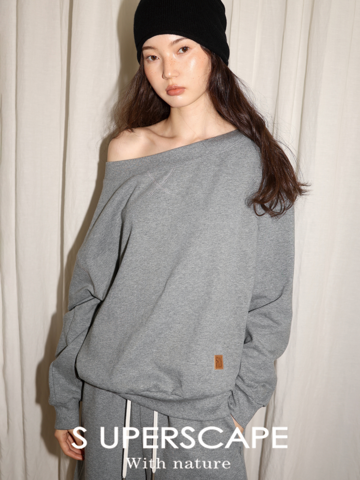 【8/25新品】素舶 纯棉自发热恒温暖皮三色一字领斜肩两穿休闲慵懒感卫衣