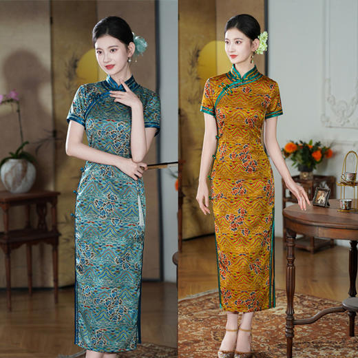 SKY 66918高级感长款短袖旗袍改良中国风提花宴会旗袍裙 商品图0
