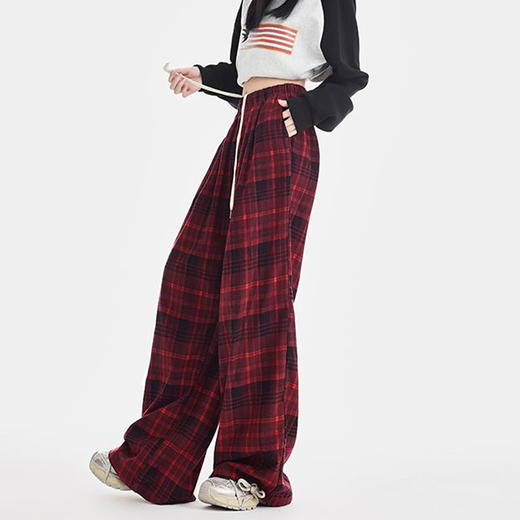 西遇格子宽松休闲裤女秋季新款红色高腰抽绳直筒阔腿裤子SS051377 商品图4