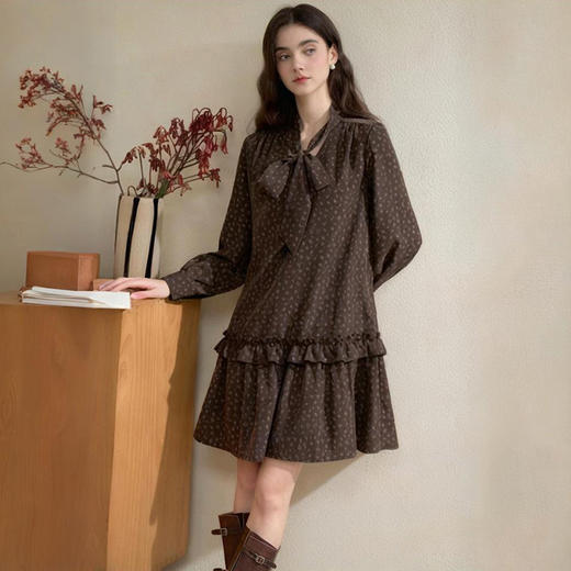 西遇美拉德法式复古碎花连衣裙女秋季蝴蝶结显瘦长袖中长裙V2851219 商品图0