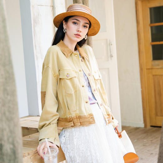 谜底短外套女2025秋新款复古风特色洗水工艺拼色牛仔服257MW7743 商品图1