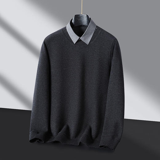 【含绵羊毛】罗蒙男士秋冬圆领假两件针织衫休闲通勤男加绒保暖针织毛衣 商品图3