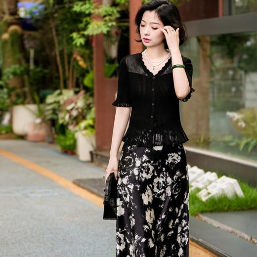 西子/仲夏半裙重磅醋酸缎面黑白水墨碎花印花鱼尾半裙/BQTJ055 商品图4