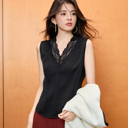 「自」全新升级【铂金会员146/天猫199/差价53】(01012)洛诗琳新款蕾丝拼接雪纺背心2025秋季气质V领打底上衣 商品图3