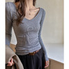 早秋新款灰色法式天丝螺纹大V领长袖打底衫女内搭秋冬百搭修身正肩上衣t恤 商品缩略图0