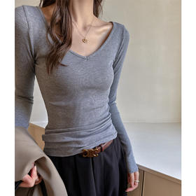 早秋新款灰色法式天丝螺纹大V领长袖打底衫女内搭秋冬百搭修身正肩上衣t恤