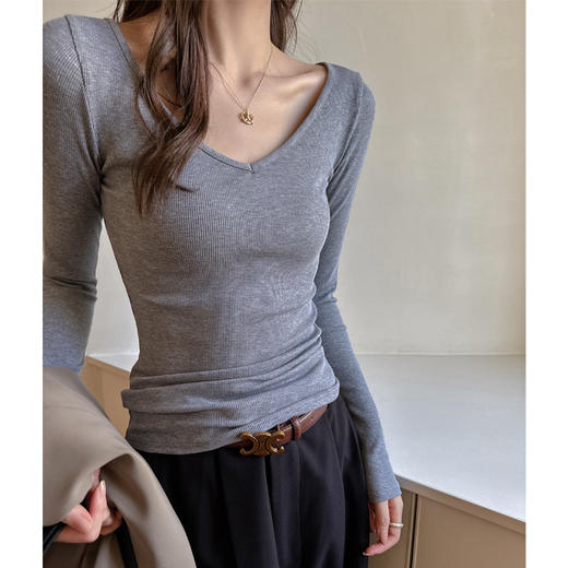 早秋新款灰色法式天丝螺纹大V领长袖打底衫女内搭秋冬百搭修身正肩上衣t恤 商品图0