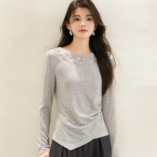 「自」全新升级【铂金会员174/天猫229/差价55】(01947)洛诗琳新款气质钉珠上衣2025秋季气质圆领显瘦打底衫上衣女 商品图1
