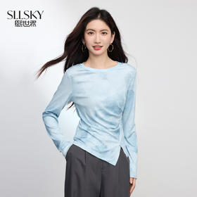 【08/19新品】熙世界晕染正肩长袖T恤女2025秋季新款圆领修身捏褶收腰打底上衣