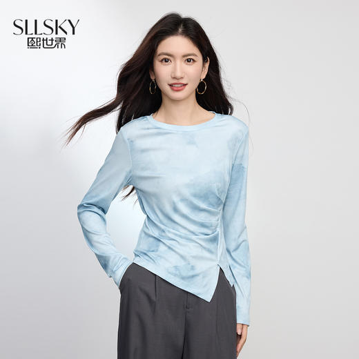 【08/19新品】熙世界晕染正肩长袖T恤女2025秋季新款圆领修身捏褶收腰打底上衣 商品图0