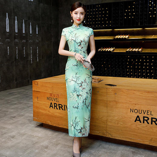 SC3759双层侧八扣短袖长款改良旗袍2025新款女走秀演出服装 商品图0