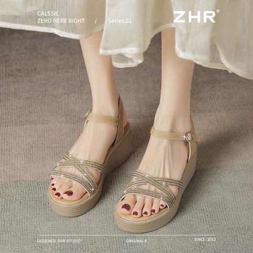 ZHR则则6.5CM坡跟凉鞋女水钻仙女风凉鞋女外出百搭气质高跟鞋夏季 商品图5