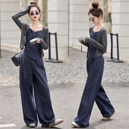 【预售3天】2025秋新款韩版牛仔显瘦百搭背心配阔腿裤休闲三件套套装YDYX9368 商品图0